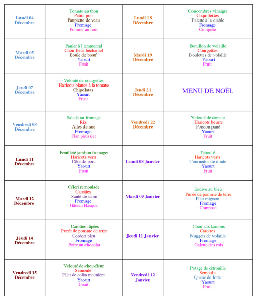 MENUS SUR 4 SEMAINES 49 au 51 et 01