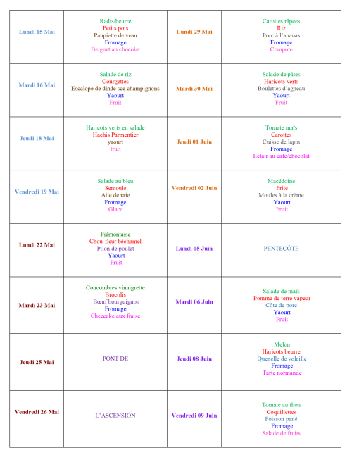 MENUS SUR 4 SEMAINES 20 au 23