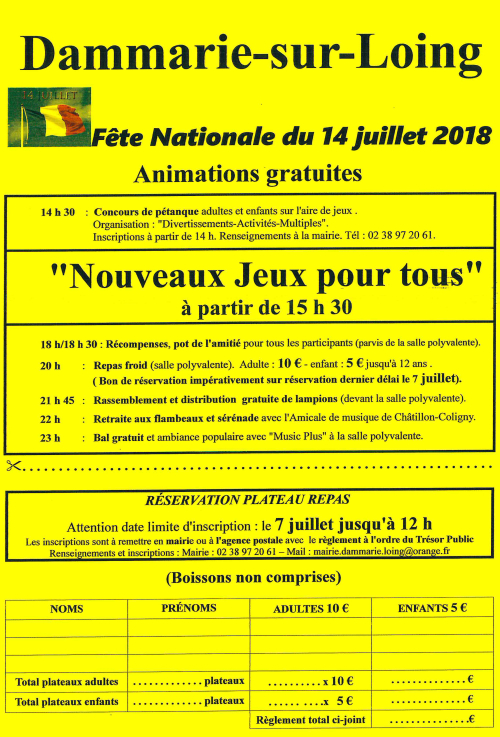 Programme et réservation plateau repas pour le 14 juillet 2018