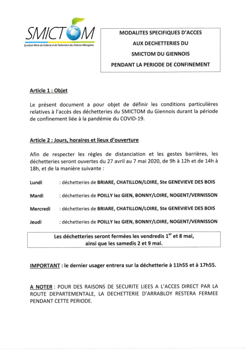Ouverture dechetteries aux particuliers COVID19-1