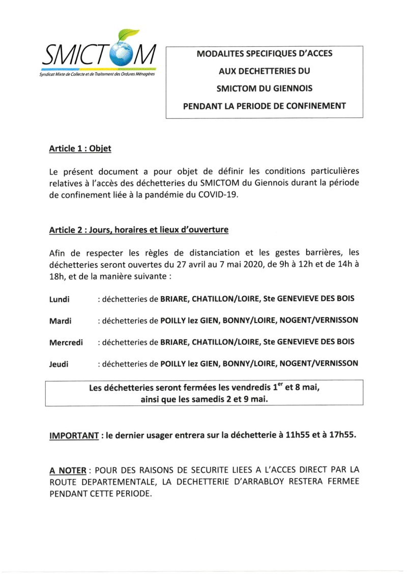 Ouverture dechetteries aux particuliers COVID19-1